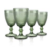 Joeyan 300ml Green Coloured Chunky Goblet Wine Glasses Set of 4 with Embossed Bead Design, Thick Heavy Sturdy Vintage Stemmed Glassware for Home Kitchen Party Bar, Dishwasher Safe