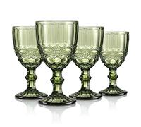 Joeyan 300ml Green Vintage Glass Wine Goblet,Heavy Stemmed Wine Glasses Set of 4,Romantic Embossed Drinking Glasses for Easter Party Wedding Table Decoration, Dishwaher Safe
