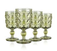 Joeyan 300ml Green Vintage Glass Wine Goblet, Romantic Gem Embossed Drinking Glasses, Colored Heavy Stemmed Wine Glasses for Christmas Party Wedding Table Decor, Set of 4, Dishwasher Safe