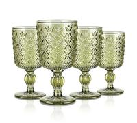 Joeyan 300ml Green Vintage Glass Wine Goblet, Romantic Geometric Embossed Drinking Glasses, Heavy Stemmed Wine Glasses for Christmas Party Wedding Table Decor, Set of 4, Dishwasher Safe