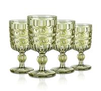 Joeyan 300ml Green Vintage Glass Wine Goblet, Romantic Geometric Embossed Drinking Glasses, Heavy Stemmed Wine Glasses for Christmas Party Wedding Table Decor, Set of 4, Dishwasher Safe