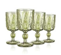 Joeyan 300ml Green Vintage Glass Wine Goblet, Romantic Geometric Embossed Drinking Glasses, Heavy Stemmed Colored Wine Glasses for Christmas Party Wedding Table Decor, Set of 4, Dishwasher Safe