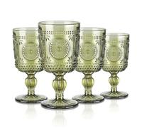 Joeyan 300ml Green Vintage Glass Wine Goblet, Romantic Sunflower Embossed Drinking Glasses, Heavy Stemmed Wine Glasses for Christmas Party Wedding Table Decor, Set of 4, Dishwasher Safe