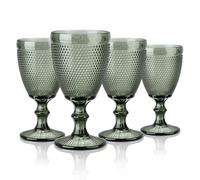 Joeyan 300ml Grey Coloured Chunky Goblet Wine Glasses Set of 4 with Embossed Bead Design, Thick Heavy Sturdy Vintage Stemmed Glassware for Home Kitchen Party Bar, Dishwasher Safe