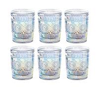 Joeyan 300ml Iridescent Romantic Drinking Glasses Set of 6, Rainbow Embossed Water Glasses, Colored Vintage Glassware Tumblers for Water, Juice, Cocktail, Beverages