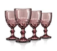 Joeyan 300ml Purple Vintage Glass Wine Goblet,Heavy Stemmed Wine Glasses Set of 4,Romantic Embossed Drinking Glasses for Easter Party Wedding Table Decoration, Dishwaher Safe