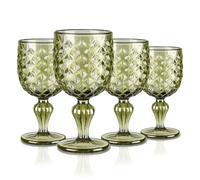 Joeyan 330ml Green Vintage Glass Wine Goblet, Romantic Geometric Embossed Drinking Glasses, Heavy Stemmed Wine Glasses for Christmas Party Wedding Table Decor, Set of 4, Dishwasher Safe