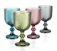 Joeyan 350ml Colored Vintage Glass Wine Goblet, Romantic Geometric Ribbed Embossed Drinking Glasses, Heavy Stemmed Wine Glasses for Christmas Party Wedding Table Decor, Set of 4, Dishwasher Safe