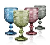 Joeyan 350ml Colored Vintage Glass Wine Goblet, Romantic Sunflower Embossed Drinking Glasses, Heavy Stem Wine Glasses for Christmas Party Wedding Table Decor, Set of 4, Dishwasher Safe, Multicolor