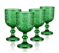Joeyan 350ml Dark Green Vintage Glass Wine Goblet, Romantic Floral Embossed Drinking Glasses, Heavy Stemmed Wine Glasses for Christmas Party Wedding Table Decoration, Set of 4, Dishwasher Safe