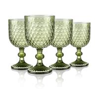 Joeyan 350ml Green Coloured Chunky Goblet Wine Water Glasses Set of 4 with Embossed Diamond Pattern, Thick Heavy Sturdy Vintage Stemmed Glassware for Home Kitchen Party Bar, Dishwasher Safe