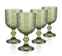 Joeyan 350ml Green Vintage Glass Wine Goblet, Romantic Floral Embossed Drinking Glasses, Heavy Stemmed Wine Glasses for Christmas Party Wedding Table Decoration, Set of 4, Dishwasher Safe