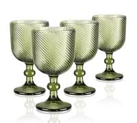Joeyan 350ml Green Vintage Glass Wine Goblet, Romantic Geometric Ribbed Embossed Drinking Glasses, Heavy Stemmed Wine Glasses for Christmas Party Wedding Table Decor, Set of 4, Dishwasher Safe