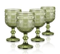 Joeyan 350ml Green Vintage Glass Wine Goblet, Romantic Sunflower Embossed Drinking Glasses, Heavy Stemmed Wine Glasses for Christmas Party Wedding Table Decor, Set of 4, Dishwasher Safe