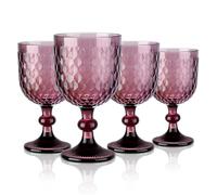 Joeyan 350ml Purple Coloured Chunky Goblet Wine Water Glasses Set of 4 with Embossed Diamond Pattern, Thick Heavy Sturdy Vintage Stemmed Glassware for Home Kitchen Party Bar, Dishwasher Safe
