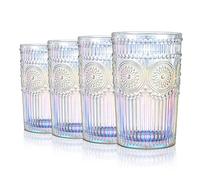Joeyan 370ml Iridescent Drinking Glasses,Vintage Embossed Water Glasses Set of 4,Sunflower Patterned Highball Glasses for Juice Cocktail Ice Tea,Coloured Glass Tumblers for Home Restaurant Praty