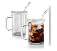Joeyan 390ml Glass Cup with Lids and Straws Set of 2, Ribbed Drinking Glass Tumbler with Handles, Reusable Glass Coffee Mugs Mason Jar for Iced Coffee, Smoothie, Beverages, Tea, Cold Drinks