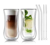 Joeyan 400ml Double Walled Drinking Glasses for Coffee Latte Cappuccino Macchiato Tea Mulled Wine Beer, Clear Insulated Thermal Glass Cups for Hot Cold Drinks, Tall Borosilicate Tumblers, Set of 2