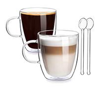 Joeyan 400ml Double Walled Glass Coffee Mug - Set of 2 Large Latte Glasses with Spoons - Double Insulated Glass Coffee Cups with Handle for Hot and Cold Drink