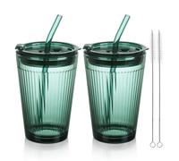 Joeyan 450ml Green Glass Cup with Straw and Lid - Set of 2 Smoothie Cups with Straw - Colored Ripple Drinking Cup for Coffee, Juice, Cocktail, Mixed Drinks