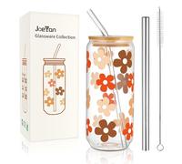 Joeyan 600ml Glass Drinking Cup with Lids and Straws, Bubble Tea Cup Iced Coffee Cups Daisy Floral Pattern Beer Can Glasses Tumbler Smoothie Cup Gift for Sister Friend Birthday Anniversary Valentine