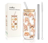 Joeyan 600ml Glass Drinking Cup with Lids and Straws,Bubble Tea Cup with Straw,Rainbow Pattern Can Shaped Glasses for Ice Coffee Smoothie,Cute Cup Gift for Sister Friend Birthday Anniversary Valentine
