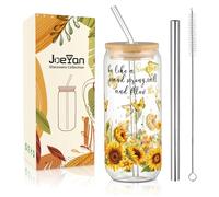 Joeyan 600ml Glass Drinking Cup with Lids and Straws, Iced Coffee Glass Smoothie Bubble Tea Cup with Sunflower Butterflies Pattern, Cute Floral Glass Tumbler Mason Jar for Women Girl Daughter Friend