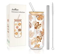 Joeyan 600ml Glass Drinking Cup with Straw and Lid,Bubble Tea Cup with Straws,Can Shaped Smoothie Ice Coffee Glasses with Leaves Pattern,Cute Cup Gift for Sister Friend Birthday Anniversary Valentine