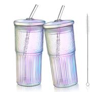 Joeyan 650ml Iridescent Glass Tumbler with Straw and Lid, Large Ribbed Glass Straw Cup for Iced Coffee Smoothie Bubble Tea Boba Juice Water, Mason Jar Drinking Glasses, Set of 2