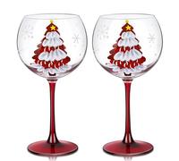 Joeyan Christmas Crystal Balloon Wine Glasses, Hand Painted Large Wine Goblet Glass Cups with Stem, Gin Tonic Cocktail Drinking Glasses with Red Xmas Tree and Snowflakes Patterns, 580ML, Set of 2