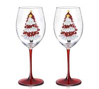 Joeyan Christmas Crystal Red and White Wine Glasses, Large Hand Painted Goblet Drinking Glasses with Stem, Red Xmas Tree Snowflakes Decor Patterned Glass Tumbler Cup Glassware Gift, 580ML, Set of 2