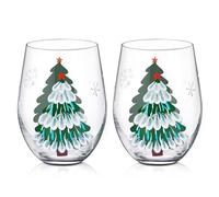 Joeyan Christmas Crystal Stemless Wine Glasses, Hand Painted Red or White Wine Glass Tumbler Cup, Large Xmas Tree Snowflakes Decorations Patterned Drinking Glasses Glassware Gifts, 560ML, Set of 2