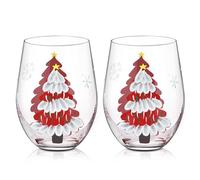 Joeyan Christmas Crystal Stemless Wine Glasses, Hand Painted Red White Wine Glass Tumbler Cup, Large Red Xmas Tree Snowflakes Decorations Patterned Drinking Glasses Glassware Gifts, 560ML, Set of 2