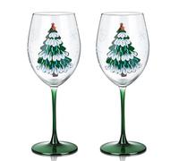 Joeyan Christmas Crystal Wine Glass Goblet, Hand Painted Stem Drinking Glasses for Red White Wine, Large Xmas Tree Snowflakes Decorations Patterned Glass Tumbler Cup Glassware Gifts, 580ML, Set of 2