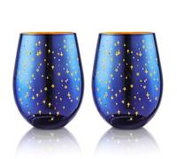 Joeyan Christmas Stemless Wine Glasses Set of 2, 540ml Short Wine Glass with Star Patterns, Personalized Glassware Tumblers Glasses Drinking Cups for Red White Wine, Water, Cocktail, Juice, Blue