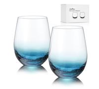 Joeyan Crackle Stemless Wine Glasses Set of 2-560ml Hand Blown Crystal Red/White Wine Glasses - Blue Large Wine Cups Glass Tumblers for Wedding, Birthday, Anniversary, Christmas Party