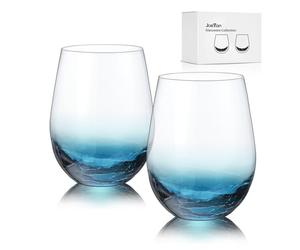 Joeyan Crackle Stemless Wine Glasses Set of 2-560ml Hand Blown Crystal Red/White Wine Glasses - Blue Large Wine Cups Glass Tumblers for Wedding, Birthday, Anniversary, Christmas Party