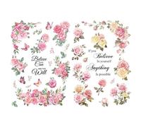 Joeyan Floral Rub On Transfers for Furniture and Crafts, 2 Large Flower Inspirational Quotes Design Sheets 43x30 CM, DIY Home Decal on Wood Glass Metal Canvas Porcelain Paper, Pink Rose