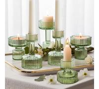 Joeyan Glass Votive Candle Holders, 6Pcs Green Ribbed Taper Tealight Candlestick Candle Holder for Table Centerpiece, Wedding, Party, Halloween, Christmas Decorations