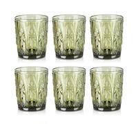 Joeyan Green Vintage Drinking Glasses, 320ml/11oz Geometric Embossed Water Glass Tumbler, Colored Heavy Duty Glassware Beverages Cup for Whisky, Cocktail, Beer, Juice, Tea, Wine, Set of 6
