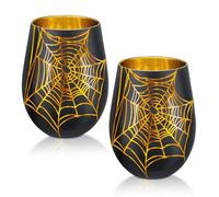 Joeyan Halloween Stemless Wine Glasses, Drinking Glasses with Gold Cobweb Pattern, 540ml Large Black Crystal Wine Glass Tumbler for Red White Wine, Day of the Dead Halloween Cup Glassware, Set of 2