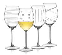 Joeyan Hand Blown Etched Red and White Wine Glasses,Carved Stripes Dots Stemmed Glasses,Clear Long Stem Glassware Set for Wine Tasting Birthday Anniversary Wedding,560 ml,Set of 4
