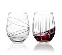 Joeyan Hand Blown Etched Stemless Wine Glasses for Red Wine,Large Carved Drinking Glass Cups Tumblers with Strips Swirls Pattern for Wedding Anniversary Party Home,Set of 2, 17.5 oz, Dishwasher Safe