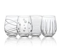Joeyan Handmade Etched Stemless Wine Glasses Set of 4-520ml Carved Stripes Dots Crystal Wine Glasses - Large Glass Wine Tumblers for Wine Tasting, Wedding, Anniversary, Party Gifts