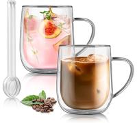 Joeyan Large Clear 450ml Double Walled Glass Coffee Latte Cappuccino Tea Mugs, 2 Layer Insulated Cup for Hot Cold Drinks, Thermal Drinking Glasses with Handle for Mulled Wine Beer Chocolate, Set of 2