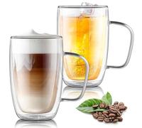 Joeyan Large Clear 500ml Double Walled Glass Coffee Latte Cappuccino Tea Mugs, 2 Layer Insulated Cup for Hot Cold Drinks, Thermal Drinking Glasses with Handle for Mulled Wine Beer Chocolate, Set of 2