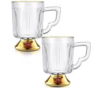 Joeyan Latte Glasses Tea Coffee Mugs Set of 2, 350ml Ribbed Coffee Tea Glass Cups Hot Drink Cafe Mugs with Handle Ideal for Milk Juice Ice Cream Latte Cappuccino Espresso and Hot Chocolate