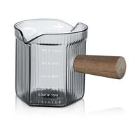 Joeyan Small Grey Coloured 120ml Double Spouts Measuring Cup with Wood Handle, Mini Milk Espresso Shot Glasses, Little Borosilicate Glass Triple Pitcher with Scale