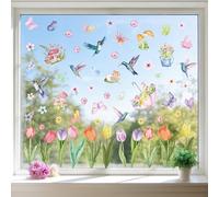 Joeyan Spring Window Stickers - Tulips Hummingbird Butterfly Flower Clings, Double Sided Stained Glass Design Floral Decals for Window Decor, 8 Sheets 83 PCS Spring Home Party Birthday Decor Supplies