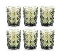 Joeyan Vintage Drinking Glasses, 320ml/11oz Embossed Water Glass Tumbler with Gems Design, Colored Heavy Duty Glassware Beverages Cups for Whisky, Cocktail, Beer, Juice, Tea, Wine, Set of 6, Green